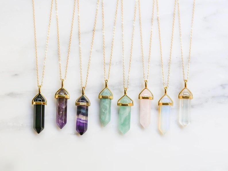 Gold Pointed Crystal Necklace Natural Stone, raw crystal point necklace, Gemstone Necklace Rose Quartz, Amethyst, Fluorite, Obsidian image 1