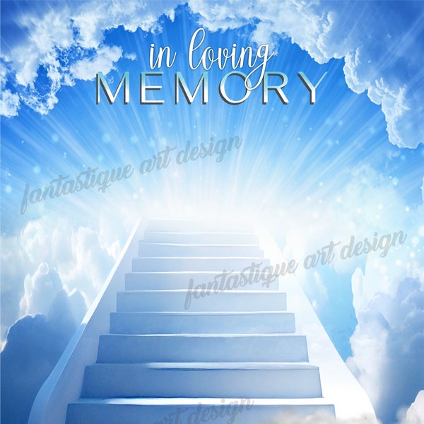 In Loving Memory PNG, Memorial Background Template Stairs to Heaven, Blue Sky Rest in Peace, Digital File, Instant Download