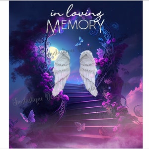 In Loving Memory PNG, fond violet commémoratif, conception de repos dans la paix, escalier vers le ciel avec des fleurs et des papillons, 04 fichiers inclus