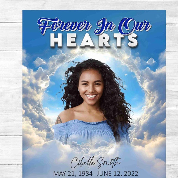 Blue Heaven Memorial PNG, In Memory Background, Forever In Our Hearts Template, Funeral Gift Design, 3 Files Instant Download