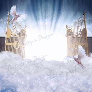 May include: Two golden gates open to reveal a bright white light shining through clouds. Two white doves fly towards the gates. The image is a digital illustration.