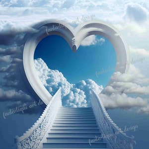 Heaven Background PNG, Heart Background Memorial Valentines Day, Blue Ladder Clouds, In Loving Memory, RIP, Instant Download
