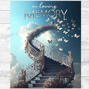 Memorial background, In Loving Memory PNG, Rest in Peace Shirt Design Template, Stairs to Heaven Butterflies, Instant Download, Digital File