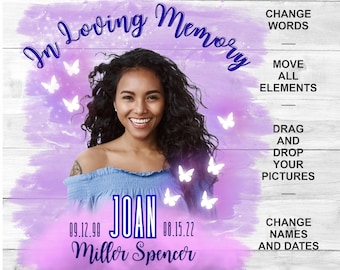 In loving Memory PNG, Purple Heaven EDITABLE Template, Purple Sky Butterflies, Funeral Gift Shirt Design Digital File, Instant Download