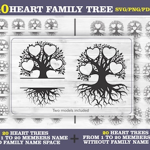 May include: A digital design featuring 40 heart-shaped family tree illustrations in SVG, PNG, and PDF formats. The design includes two models, each with heart-shaped spaces for names and a family name space. The text reads "20 HEART TREES FROM 1 TO 20 MEMBERS NAME AND FAMILY NAME SPACE + 20 HEART TREES FROM 1 TO 20 MEMBERS NAME WITHOUT FAMILY NAME SPACE."