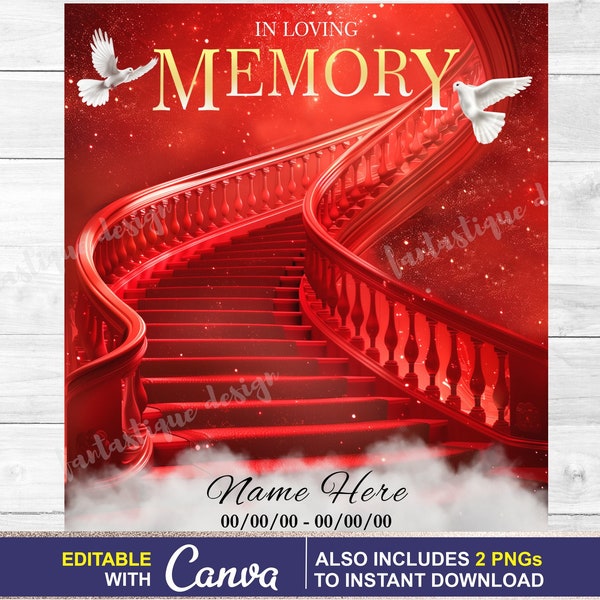In loving Memory PNG, Red Memorial EDITABLE, RIP Background Template Stairs to Heaven, Funeral ShirtDesign Digital File, Instant Download