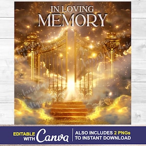Può includere: Uno sfondo digitale stampabile con un cancello dorato e scale che conducono a una luce brillante tra le nuvole. Il testo "IN LOVING MEMORY" è in cima all'immagine.