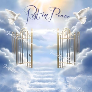 Rest in Peace PNG, Memorial Template Gold Gates to Heaven, Funeral Gift Design, Instant Download, Stairs in Clouds, 02 Files Included