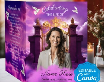 Funeral Program Template, Memorial Program Template, Purple In Loving Memory, Obituary, Funeral Poem, EDITABLE, Purple, Blue, Red Heaven