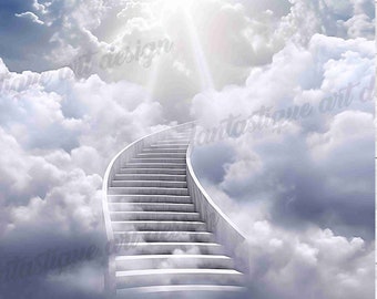 In Loving Memory PNG, Cloudy Stairs to Heavens Memorial Background, Rest in Peace, Designs With and Without Tille Included,Instant Download