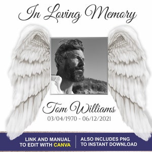 Puede incluir: Una plantilla de memorial imprimible con una foto de un hombre con barba, alas de ángel blancas y el texto "In Loving Memory Tom Williams 03/04/1970 - 06/12/2021".