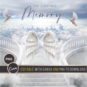 In loving Memory PNG, EDITABLE Stairs to Heaven Template, Angel Wings, Funeral Shirt Design Digital File, Instant Download