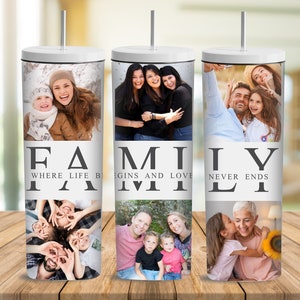 Może przedstawiać: Zestaw trzech białych kubków z fotografiami rodzin i słowem "FAMILY" z tekstem "Where life begins and love never ends".