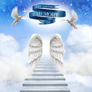 Blue Sky In Loving Memory PNG, Memorial Background Template Stairs to Heaven, Shirt Design, Sublimation Art, 05 Files Instant Download