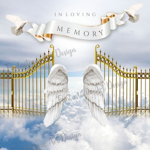 Blue In Loving Memory Background, Gold Heavens Gate PNG | Rest in Peace Design, Memorial Stairs to Heaven, Blue Sky, Instant Download