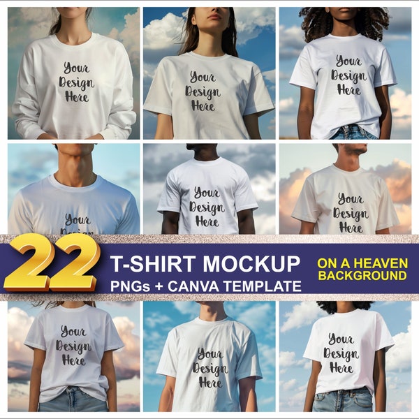 T-Shirt Mockup Bundle, Pack 22 Photos, Blank Shirt Models on a Heaven Background, Instant Download JPG and Canva Templates, Add your Design