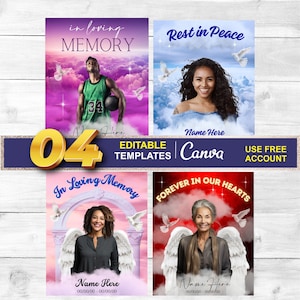 In Loving Memory EDITABLE Memorial Bundle, 4 Memorial Designs Heaven Background, Edit Yourself, RIP Sublimation, Purple, Blue, Red Heaven