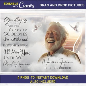 Poema conmemorativo PNG, Plantilla EDITABLE en memoria amorosa PNG, Agregar imágenes y nombres, Las despedidas no son para siempre, Tarjeta funeraria, Descarga instantánea