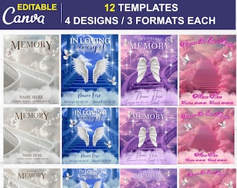 In Loving Memory Design Bundle, EDITABLE Memorial 12 Templates Heaven Background, Edit Yourself, Also 27 Files to Download RIP Sublimation