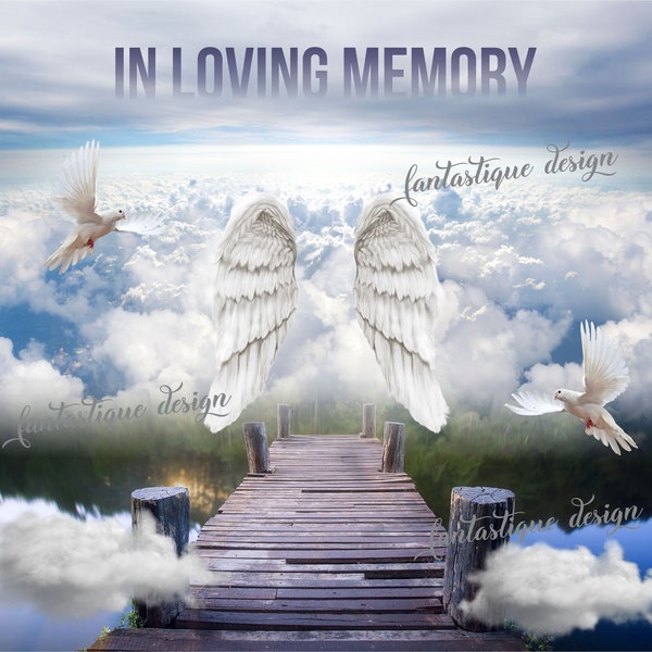 Blue In Loving Memory PNG, Memorial Background, Angel Wings in a Beautiful Lake Dock background png | Clouds Heaven | Digital File