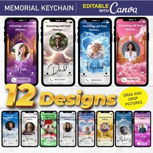 Puede incluir: Doce diseños de pantalla de teléfono para llaveros conmemorativos. Cada diseño presenta una foto de una persona con un nombre personalizado y el texto "Llamada entrante del cielo..." Los diseños son editables con Canva.
