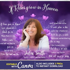 Poema conmemorativo de MADRE PNG, editable, agregue imágenes y nombres, en memoria amorosa, plantilla de tarjeta funeraria, también incluye 2 png para descarga instantánea
