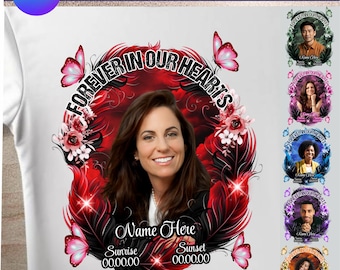 Modello di maglietta "In Loving Memory", pacchetto di 6 modelli Canva commemorativi MODIFICABILI, colori diversi, modificabili autonomamente, sfondo commemorativo