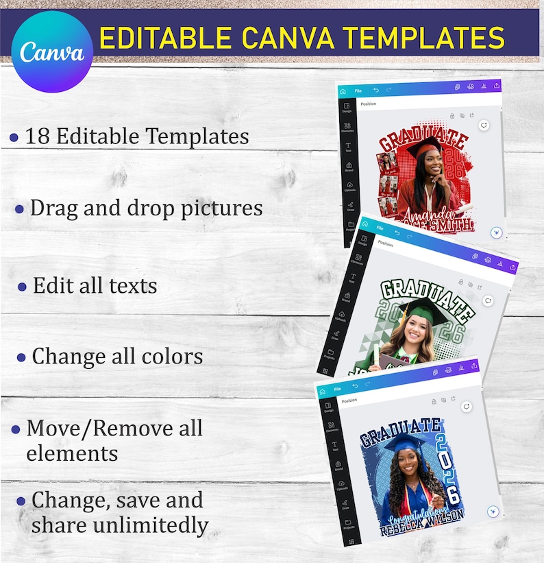 May include: Digital Canva templates for graduation announcements. The image shows three examples of graduation announcements with photos of graduates. The templates are customizable, allowing users to edit text, change colors, and add photos. The Canva logo is in the upper left corner.