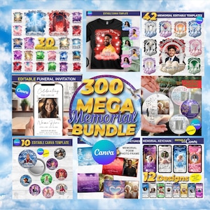 Op de afbeelding: Een verzameling gedenkbare sjablonen en ontwerpen, waaronder uitnodigingen, sleutelhangers en fotolijsten. De afbeelding toont verschillende ontwerpen, waaronder sjablonen voor Canva, met de tekst "300 MEGA Memorial BUNDLE".