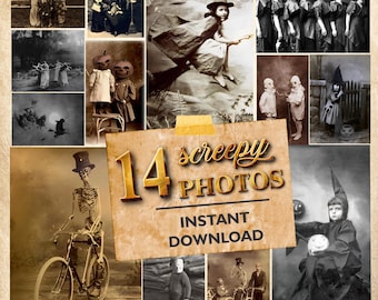 May include: A collage of 14 vintage Halloween photos featuring children dressed in costumes, including a witch, a skeleton, and a pumpkin. The photos are arranged in a grid pattern and have a vintage, spooky aesthetic. The text "14 creepy photos" and "instant download" is superimposed on the collage.