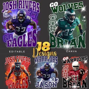 May include: A collection of sports-themed designs featuring football players in action. Each design includes player names, jersey numbers, and team names, with vibrant colors and dynamic graphics. Text includes "Go Eagles", "Go Wolves", "Warriors", and "18 Designs".