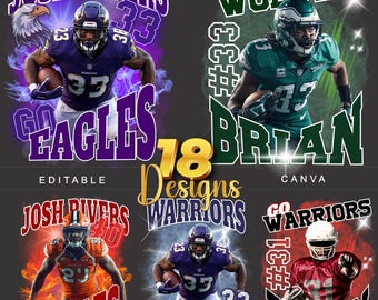 May include: A collection of sports-themed designs featuring football players in action. Each design includes player names, jersey numbers, and team names, with vibrant colors and dynamic graphics. Text includes "Go Eagles", "Go Wolves", "Warriors", and "18 Designs".