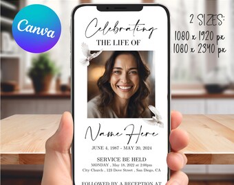 Modello di invito per funerale, invito in amorevole memoria, celebrazione della vita di, annuncio, Canva MODIFICABILE, programma funebre, elemento digitale