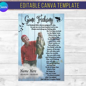 May include: A personalized fishing-themed memorial print with a photo of a person holding fish. The text reads "Gone Fishing" and includes a poem. The background is a light blue wood grain.