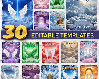 Conjunto de plantillas editables para camisetas "En memoria amorosa", paquete de 30 plantillas de Canva, diseños conmemorativos lisos y grunge. Edita tú mismo. Producto digital.