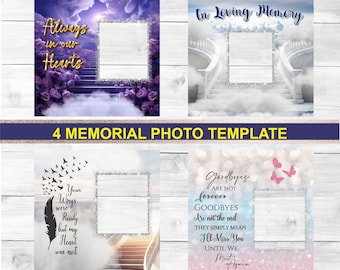 En memoria de alguien (PNG), paquete de plantillas conmemorativas con 4 imágenes PNG y 4 plantillas editables para fotos, diseño digital, añade tus propias imágenes.
