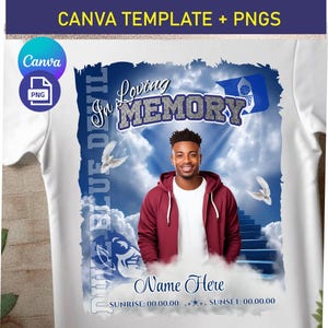 Peut inclure: Un t-shirt blanc avec un motif graphique bleu et gris représentant un panier de basket-ball, des colombes et des nuages. Le texte "In Loving Memory" est en grandes lettres grasses. Le texte "Duke Blue Devil" est sur le côté gauche du motif. Le texte "Name Here" est en bas du motif, ainsi que le texte "Sunrise: 00.00.00 *** Sunset: 00.00.00".