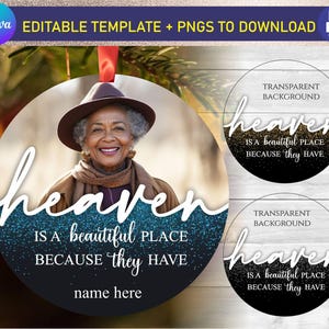 Adorno navideño conmemorativo en formato PNG y plantillas editables para Canva, 3 diseños redondos, «En memoria de», marco de fotos, diseño digital