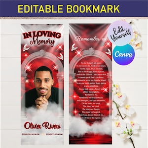 May include: Editable bookmark with a memorial theme. The design features a photo of a man, the text "In Loving Memory," and a poem. The background is red with white accents and the text "Edit Yourself" and "Canva".
