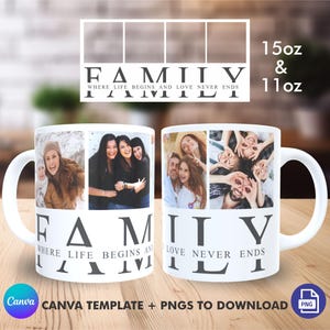 Mokomslag familiefotocollage, fotocollagemok 11 oz en 15 oz, 4 foto's familiemok, bewerkbaar en png's om te downloaden, mokontwerp, digitaal bestand