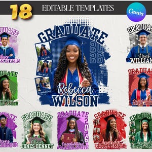 May include: A collection of 18 editable graduation templates. Each template features a graduate in a cap and gown, with the word "GRADUATE" and the year "2026" or "2025" prominently displayed. The templates are in various colors.