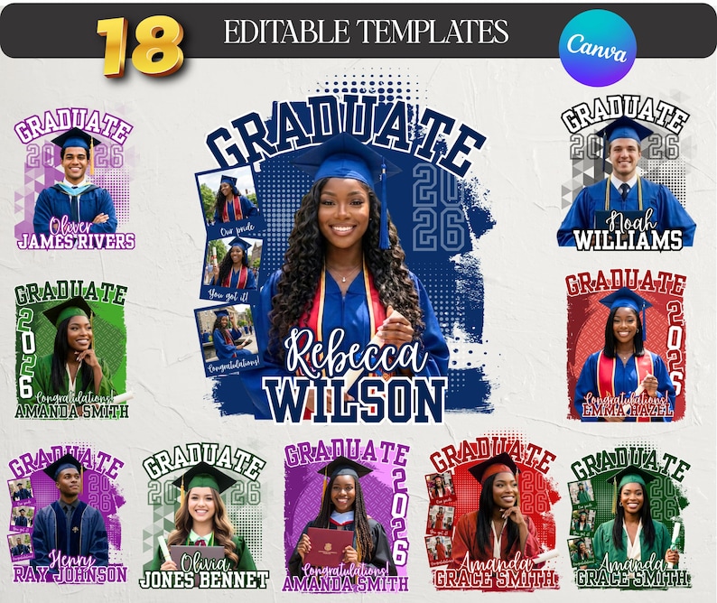 May include: A collection of 18 editable graduation templates. Each template features a graduate in a cap and gown, with the word "GRADUATE" and the year "2026" or "2025" prominently displayed. The templates are in various colors.