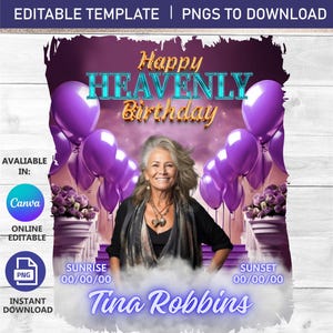 Happy Heavenly Birthday, Birthday in Heaven, Purple EDITABLE Canva Template Memorial Funeral Shirt Design, 3 PNG Instant Download