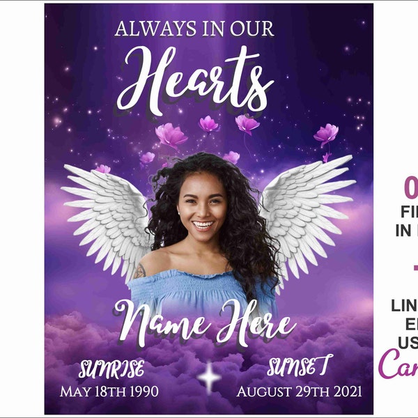 Purple In Loving Memory PNG Template, Editable Memorial, Add Photos Edit Texts, Always in our Hearts, Angel Wings, Design Instant Download