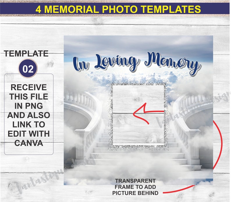 K&ouml;nnte beinhalten: Eine digitale Vorlage f&uuml;r ein Erinnerungsfoto mit einer wei&szlig;en Treppe, die zu einem bew&ouml;lkten Himmel f&uuml;hrt. Der Text "In Loving Memory" befindet sich oben auf der Vorlage. Ein transparenter Rahmen ist enthalten, um ein Bild hinter die Treppe einzuf&uuml;gen.