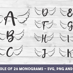 Memorial SVG Monogram Wings, paquete de 26 letras, RIP Alphabet Angel Wings svg, In Loving Mermoy, regalo de simpatía, descarga instantánea