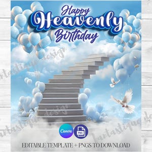 Happy Heavenly Birthday PNG, Editable Canva Template, Blue Heaven Background Template, RIP Shirt Design, 04 Files Included, Instant Download