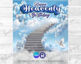 Happy Heavenly Birthday PNG, Editable Canva Template, Blue Heaven Background Template, RIP Shirt Design, 04 Files Included, Instant Download