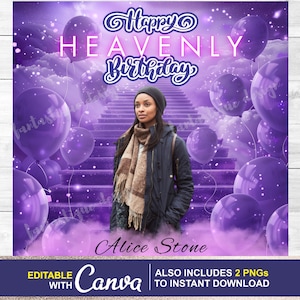 Happy Heavenly Birthday Purple Stairs in Heaven, EDITABLE, Memorial PNG, In Loving Memory Template, Rest in Peace, 4 Files Instant Download