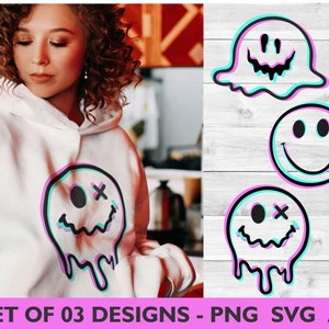 Smiley Face SVG Bundle of 03 Designs | Groovy glitch style | Smile emoji melt faces | Digital Files svg, png, ai